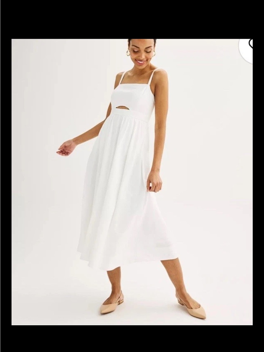VICI Linen Blend White Sleeveless Midi  Dress With Center Cutout. Size Small